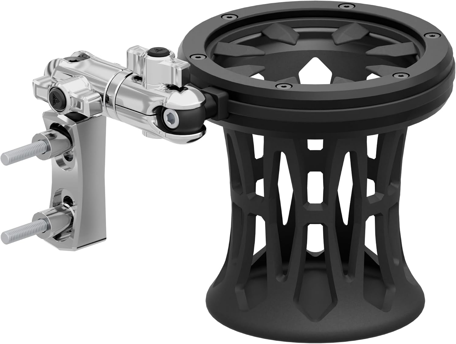Tackform Chrome Motorcycle Perch/Brake/Clutch Reservoir Drink Holder - Fits Bottles and Cans up to 3.25” in Diameter | Metal Enclosure with Rubber Net | Long Reach Arm